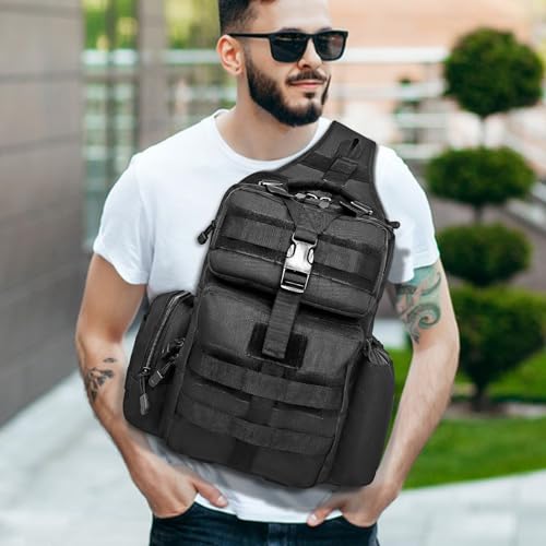 ALVOD Molle Assault Shoulder Bag, Military Crossbody Sling Backpack for Men, Outdoor Hiking Camping Rucksack Sling Bag(Black)