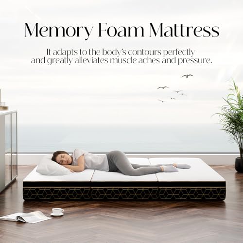 GEMBED Tri-Fold Memory Foam Mattress - 4 Inch Portable Folding Sofa Bed with Handle & Washable Cover, Floor Sofa Bed with Non-Slip Base, Space-Saving for Room, Travel, Guest Bed, RV, 75"x25"x4" - size: Single, style: 4 Inch
