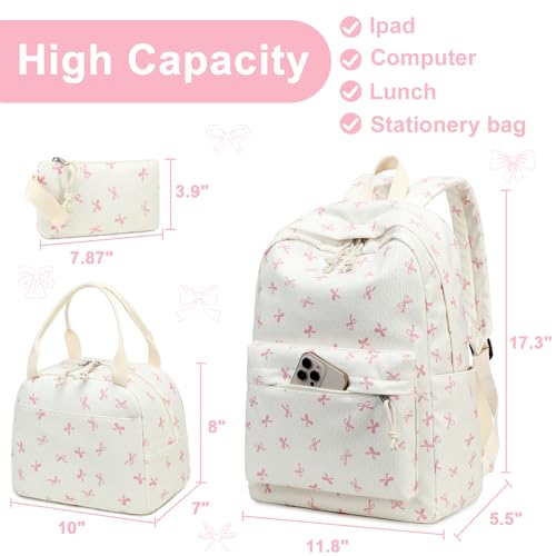 LEDAOU Backpack for Girls School Bag Kids Bookbag Teen Backpack Set Daypack with Lunch Bag and Pencil Case | Kids - color: Pink Bowtie -Beige