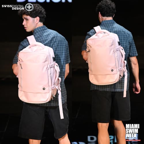 Swissdigital Design Travel Laptop Backpack for Women, 36l Carry On Backpack with USB Charging Port, RFID Protection & Wet-Dry Separation, TSA Friendly Fits 16 Inch Laptop, Pink | SD1749-81 - color: Pink