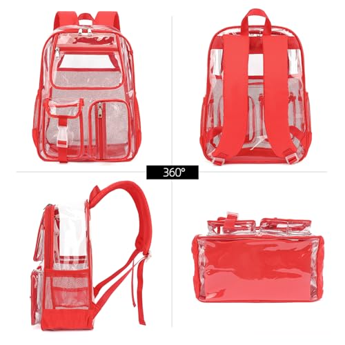 Clear Backpacks for Girls Women, Heavy Duty PVC Transparent School Bookbag See Through Back Pack for College Work Travel (Red) - color: Red