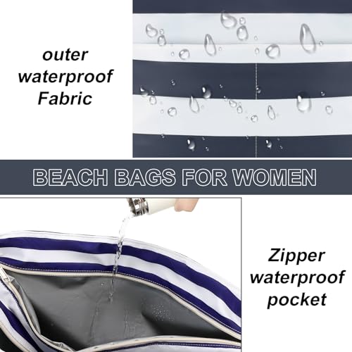 LEDAOU Beach Bag Waterproof Sandproof Women Beach Tote Pool Bag with Zipper for Swim Gym Grocery Travel with Wet Pocket | Sandproof - color: Blue Grey White