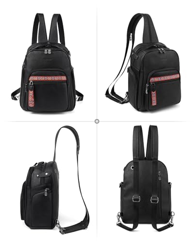 FADEON Large Sling Bag for Women, Designer Leather Crossbody Purse Convertible Sling Backpack, Anti Theft Daypack for Travel - color: Black Retro Style