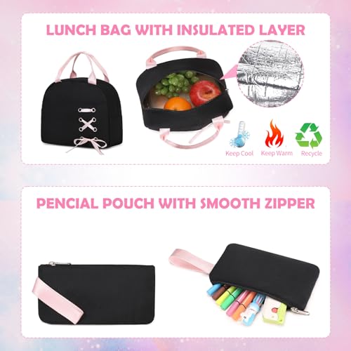 Backpacks for Girls, Girls Backpack with Lunch Box and Pencil Case for Teen Kids Elementary Middle High School College Student, Children Backpack Bookbag with USB Charging Port (Black Pink with Chain) - color: Black & Pink With Chain