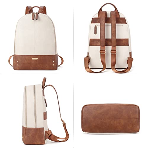 CLUCI Laptop Backpack for Women Leather 15.6 inch Computer Backpack Travel Vintage Large Bag Beige With Brown