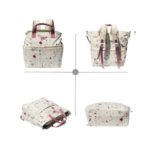 Diaper Backpack Totepack Crossbody 3 in 1 Laptop Tote with Insulated Pocket - color: Purple White Flower