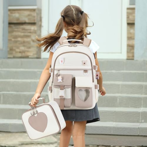 ACESAK Backpack for Girls - Bookbag Backpacks Schoolbag for Girls Kids Teen Women Casual Travel Daypacks - School Bag Elementary Middle School College Cute Backpack with Lunch Box (Khaki White) - color: Khaki White