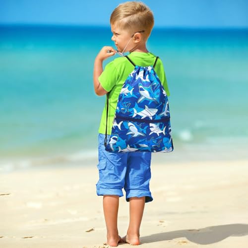 WAWASAM Kids Drawstring Backpack, Gym Swim Bag Cinch Bag for Girls Boys with Zipper Pocket - color: Shark A002