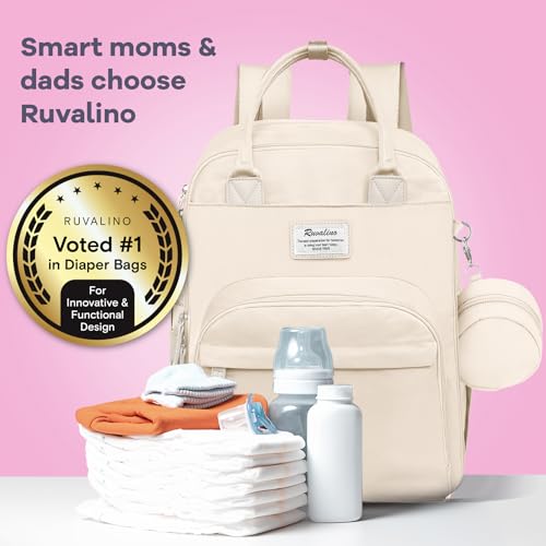 RUVALINO Diaper Bag Backpack-Multifunction Baby Travel Bag with Changing pad, Insulated Bottle Holders & Pacifier Case, Large Capacity, Waterproof, Beige - color: Beige