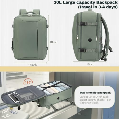 Travel Backpack, Carry On Backpack Airline Approved, 18x14x8 Travel Bag, 30L Personal Item Bag for Women and Men, Water Resistant Lightweight Weekender Bag, Casual Daypack for Business - color: Green