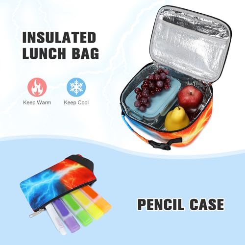 Bevalsa Backpack for Boys, Lightning School Bags with Lunch Bag & Pen Case - color: Orange Blue