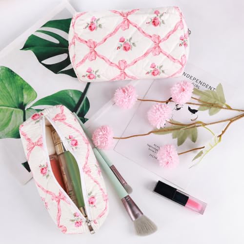 3 Pcs Makeup Bag Cosmetic Bag Set for Girls Women Travel Organizer Bathroom Toiletry Pouch Large Capacity Storage Bag(Pink Ribbon) - color: Pink Ribbon