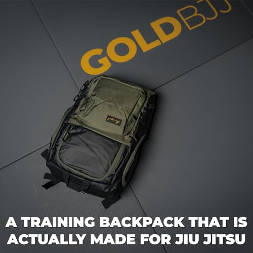 Gold BJJ Jiu Jitsu Backpack - Heavy Duty Gym Bag with Waterproof Gi Pocket - color: Olive