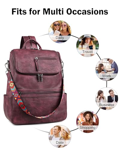 FADEON Laptop Backpack for Women Leather Travel Backpack with Laptop Compartment, Designer PU Shoulder Laptop Bag Red - color: Wine Red Retro Style