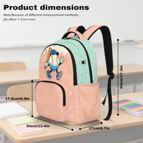 Suobstales Baseball Ice Cream Drip Print 17 Inch Backpack for Boys Girls Kids Large Capacity Bookbag School Bag Backpacks Satchel with Adjustable Padded Straps for Preschool Kindergarten Elementary - color: Baseball Ice Cream Drip 5