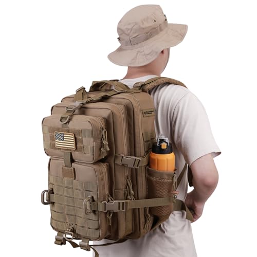 Hannibal Tactical 45L MOLLE Assault Backpack, Tactical Backpack Military Army Camping Rucksack with Bottle Holder, 3-Day Pack Trip w/USA Flag Patch, D-Rings, Khaki - color: Khaki, size: 45L