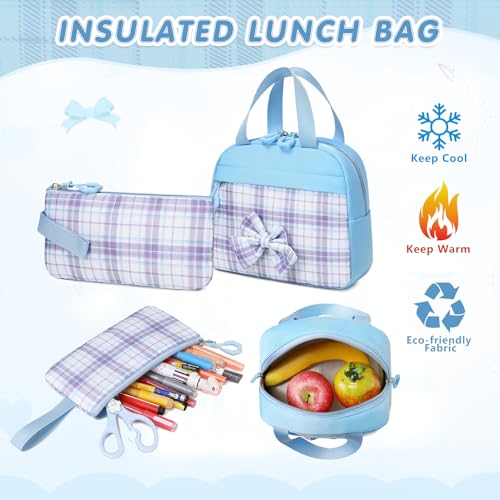 GeeWin School Backpack for Girls, Bookbags Back Pack School Bag for Teen Girl Elementary Middle School Student, Cute Stylish Plaid Girls Backpack with Matching Insulated Lunch Bag & Pencil Bag (Blue) - color: Blue
