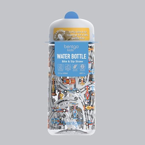 Bentgo Kids Water Bottle - Leak-Proof, Durable Tritan PFAS- & BPA-Free 15 fl oz, Kids/Toddlers Ages 3+ for School & Sports; Bite & Sip Spout, Carrying Handle, Dishwasher Safe (NEW Race Cars) - color: Race Cars