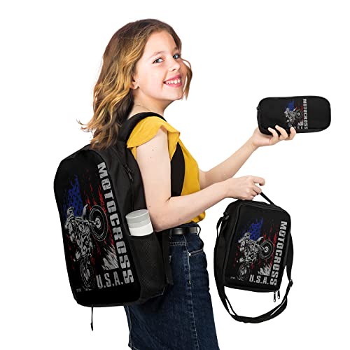 Giwawa Motocross Vehicle Teens School Backpack Set American Flag Canvas Girls Boys School Bags Travel Bookbags 3 in 1 - color: Motorcycle Flag