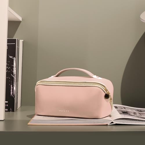 Prite Makeup Bag for Women Travel Waterproof Vegan Leather Cosmetic Bag Open Flat Toiletry Bag With Clear Divider and Handle (Pink, Medium) - color: Pink, size: Medium