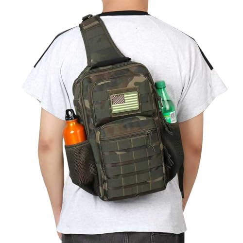 Rover Sling Pack Tactical Shoulder Sling Bag Backpack with Bottle Holder Crossbody Chest Bag, Woodland - color: Woodland