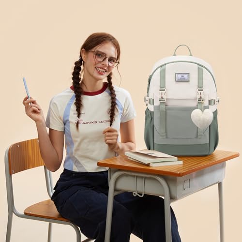 LOVEVOOK School Backpack for Teen Girls, Waterproof Travel College Bookbag for Middle High School with Large Cup Holder & Pencil Case, Fits 15.6'' Laptop, Cute Aesthetic Kids Student Backpack - color: Bean Green