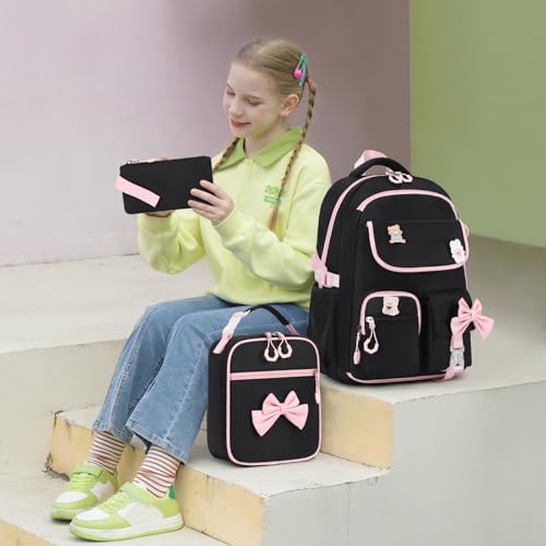 ACESAK Girls Backpack - 3PCS Backpack for Girls Cute School Backpacks for Girl Kindergarten Elementary Preschool Middle Kids School Bags with Lunch Box Pencil Case Set (Black Pink) - color: Black Pink
