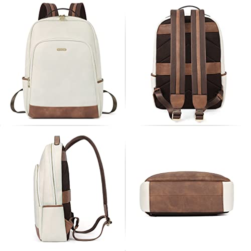 CLUCI Leather Backpack for Women 15.6 inch Laptop Backpack Purse Computer Backpack for Travel Airplane Casual Daypack Beige with Brown - color: Beige With Brown