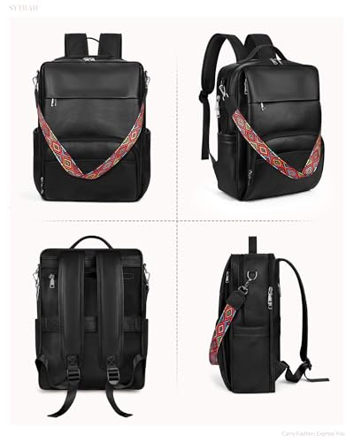 SYTRAH Leather Laptop Backpack, 15.6 Inch Business Computer Bag, Designer College Backpack Travel Backpack with Colorful Shoulder Bag Strap Black - color: Purse Black
