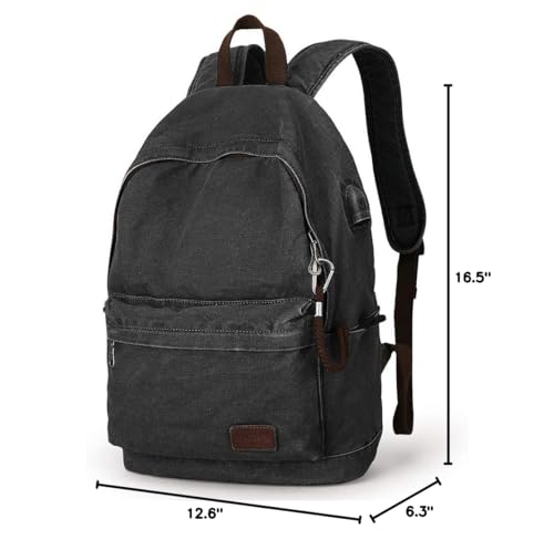Muzee Canvas Backpack for Women and Men, Lightweight Classic Laptop Backpack with USB Charging Port for School, Travel and Daily Use, Black - color: Black