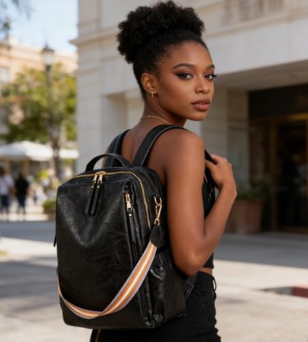 myfriday PU Leather Large Backpack Purse for Women Casual Travel Backpack Convertible Satchel Handbags With Luggage Strap (Black) - color: Black