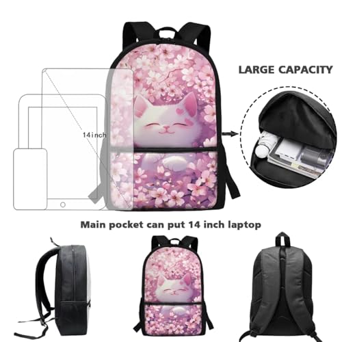 ZOUTAIRONG School Bags for Girls 7-10/10-12/12-17, Insulated Water Bottle for Hot & Cold Drinks, Cherry Blossom Cat Design Casual Backpack with Side Pockets - color: Cherry Blossom Cat