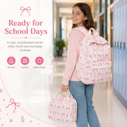 BTOOP School Backpacks for Teen Girls Bookbags Lightweight Kids Backpack School Bags Set with Lunch Box Pencil Case - color: Pink Bow Beige-285