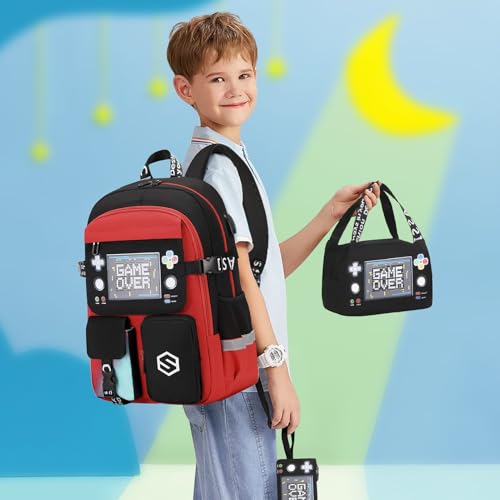 Scothen Boys Backpack, Cool Luminous School Backpacks for Boys with Lunch Bag Pencil Case, Kids Backpack Kindergarten Elementary Middle School Book Bags for Teen Boy Children with USB Charging Port - color: Red