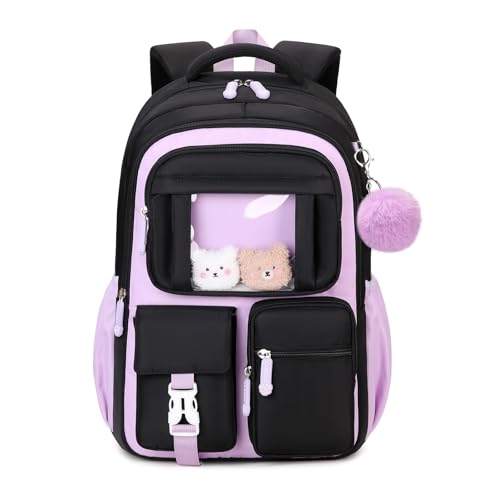 PIG PIG GIRL Kids Backpack for Girls School Bags for Middle School Students Book Bag for Elementary Primary Kawaii Ita Backpack, Black and Purple - color: Black and Purple