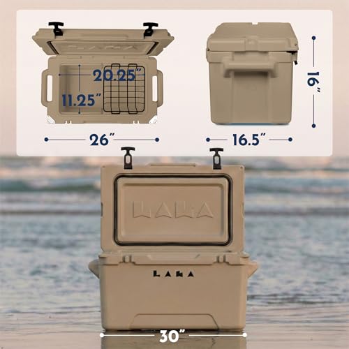 Laka Cooler – 45 Quart Rotomolded Hard Cooler, Insulated Ice Chest Holds 36 Cans/45 lb Ice, Up to 7 Days Cold, Drain Plug + Basket, Non-Slip Feet, Beach Boat Camping Tailgate - color: Tan