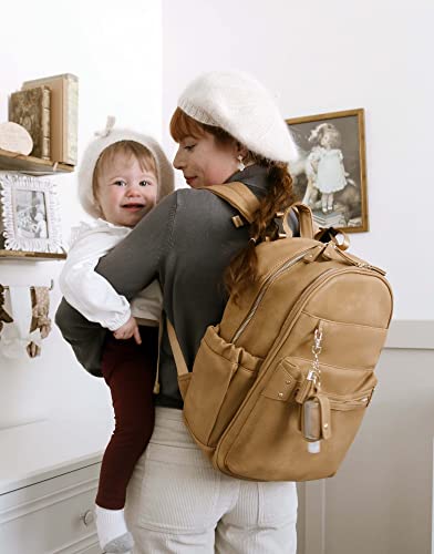 miss fong Leather Diaper Bag Backpack Baby Diaper Bag with 16 Pockets Baby Bag with Hand Sanitizer Holder, Changing Pad, 2 Insulated Pockets(Peanut) - color: Peanut