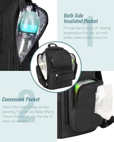 Mancro Diaper Bag Backpack, Extra Large Capacity Baby Diaper Backpack with 2 Insulated Pockets and Stroller Strap, Water Resistant Mens Diaper Bag for Travel,Black - color: Black, size: X-Large
