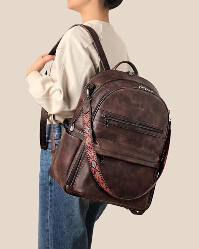 FADEON 15.6 inch Laptop Backpack Purse for Women Designer PU Leather Computer Backpacks Fashion for Work Travel Coffee Brown - color: Coffee Brown Retro Style
