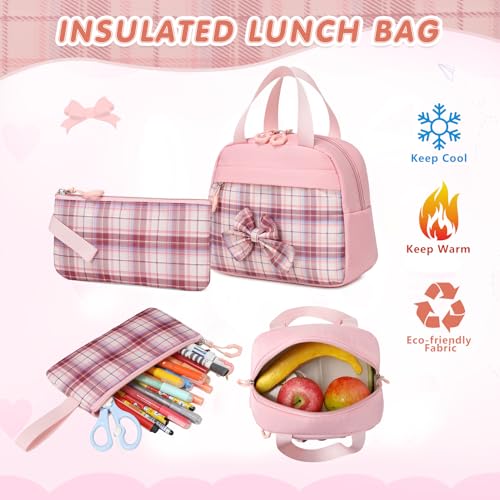 GeeWin School Backpack for Girls, Bookbags Back Pack School Bag for Teen Girl Elementary Middle School Student, Cute Stylish Plaid Girls Backpack with Matching Insulated Lunch Bag & Pencil Bag(Pink) - color: Pink
