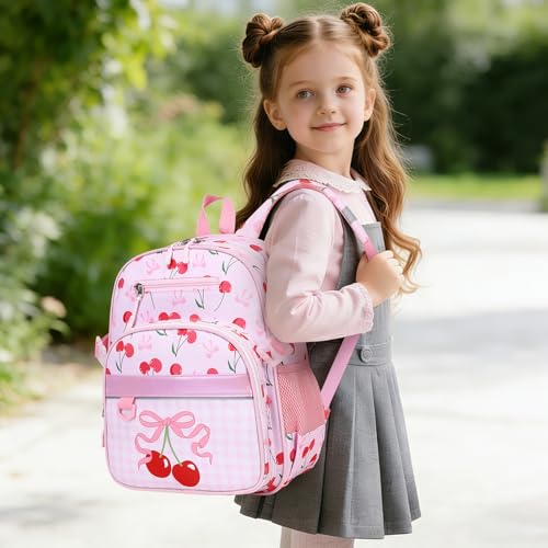 Toddler Backpack for Girls Ages 5-8, 3PCS Girls Backpack with Lunch Bag & Pencil Case - 15inch Kids School Bookbag for Preschool Kindergarten Elementary School (Cherry) - color: Cherry