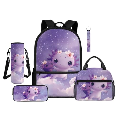 ZDCUSTOM Girls Backpacks with Lunch Box, Purple School Backpack for 1st Grade Kids Axolotl Bookbag with Pencil Case Water Bottle Holder Keychain, Back to School Gear for Girls Age 6-8 - color: Purple Axolotl