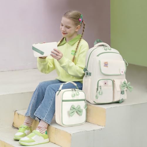 ACESAK Girls Backpack - 3PCS Backpack for Girls Cute School Backpacks for Girl Kindergarten Elementary Preschool Middle Kids School Bags with Lunch Box Pencil Case Set (Beige Green) - color: Beige Green