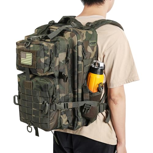 Hannibal Tactical 45L MOLLE Assault Backpack, Tactical Backpack Military Army Camping Rucksack with Bottle Holder, 3-Day Pack Trip w/USA Flag Patch, D-Rings, US Woodland - color: Us Woodland, size: 45L