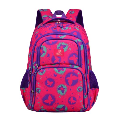 MYGOO Girls School Backpack Campus Butterfly Magenta Bookbag for Elementary Middle School Ages 5-12, 17 inch Large Capacity 24L Kids Student Travel Bags - color: Campus Butterfly Magenta