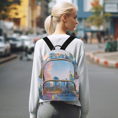 YETTASBIN Fashion Quilted Mini Backpack for Women & Girls - City Scenery Lightweight Casual Travel Daypack, S(8.5L) - size: Small