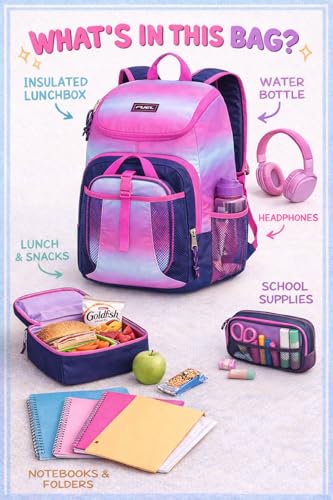 FUEL Lunch Backpack Set Top Loader Teens Student Water Resistant Bookbag Bag Soft Reusable Insulated Cooler Lunch Box Thermal Travel Office Lunch Bag, Pink Ombre Gradient - color: Pink Ombre Gradient