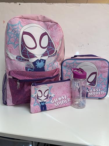Get Trend Marvel Ghost Spider Kids Backpack 4 Piece Set | 18 inch Bookbag, Insulated Lunch Bag, Zipped Pencil Case & BPA-Free Water Bottle for School & Travel, Gifts for Girls - color: Pink Ghost Spider