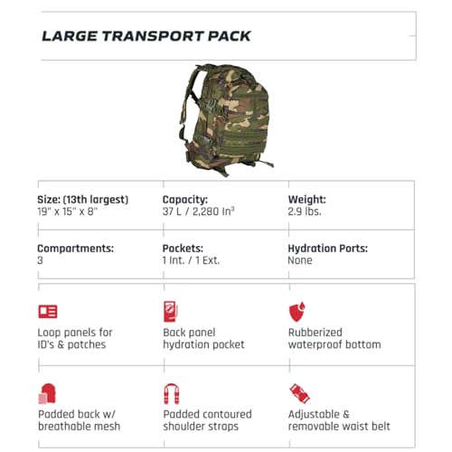 FOX OUTDOOR PRODUCTS Large Transport Pack | 37L Tactical Backpack with Compression Straps, Hydration Pocket & Modular Webbing - color: Woodland Camo