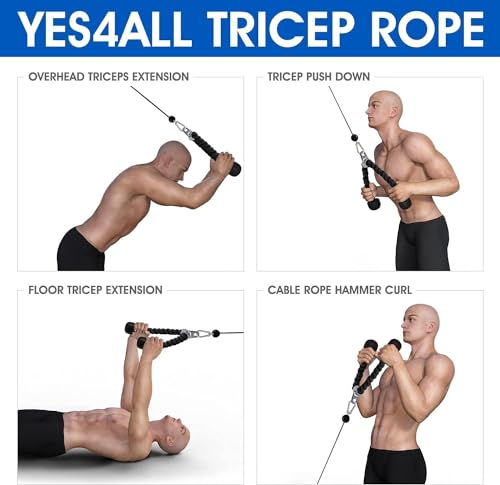 Yes4All Deluxe Tricep Rope Cable Attachment, 27 & 36 inch with 4 Colors, Exercise Machine Attachments Pulley System Gym Pull Down Rope with Carabiner - color: G. 27" Blue Black